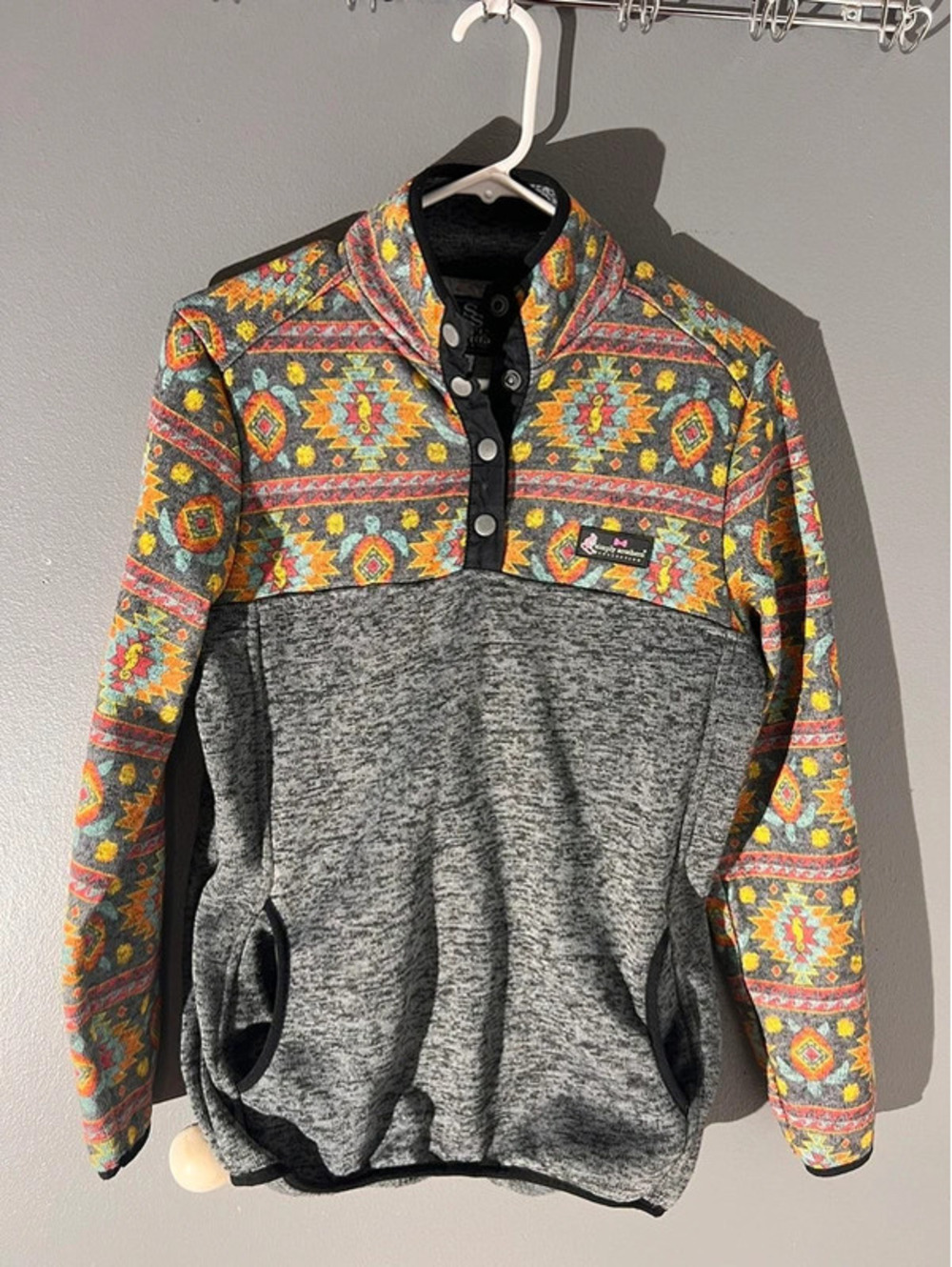 Simply Southern Aztec Turtle Fleece 1/4 Snap Pullover Jacket Gray Multi